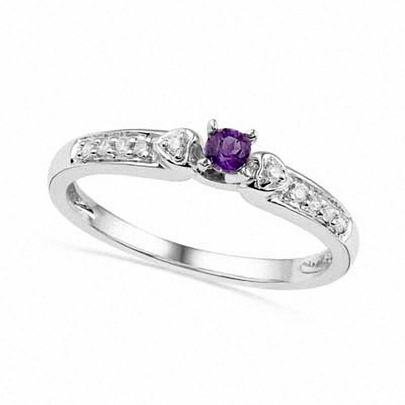 Image of ID 1 Amethyst and Natural Diamond Accent Heart Sides Promise Ring in Solid 10K White Gold