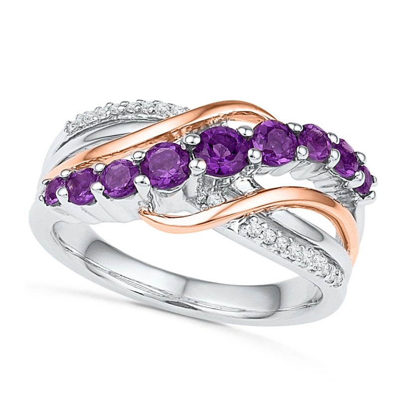 Image of ID 1 Amethyst and Natural Diamond Accent Slant Ring in Sterling Silver and Solid 10K Rose Gold