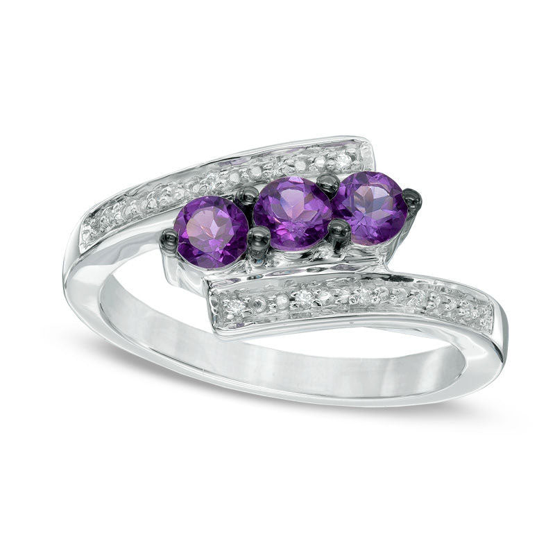 Image of ID 1 Amethyst and Natural Diamond Accent Three Stone Bypass Ring in Sterling Silver