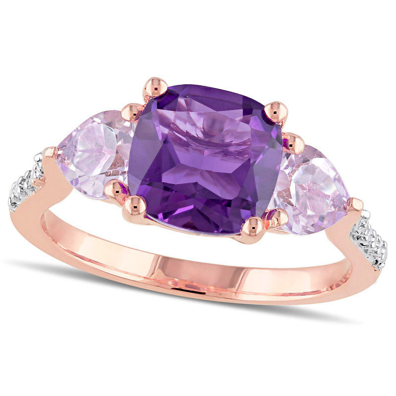 Image of ID 1 Amethyst and Natural Diamond Accent Three Stone Ring in Sterling Silver with Rose Rhodium