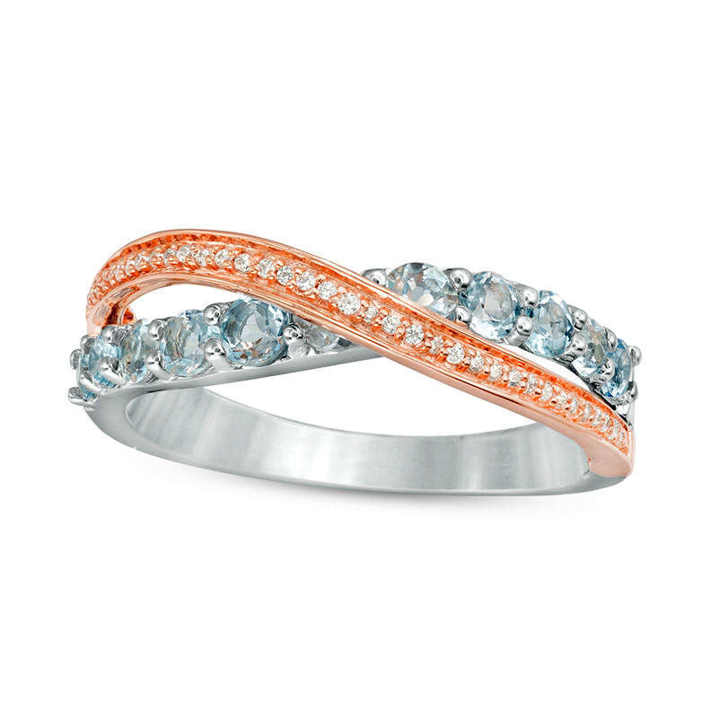 Image of ID 1 Aquamarine and 007 CT TW Natural Diamond Crossover Ring in Sterling Silver and Solid 10K Rose Gold