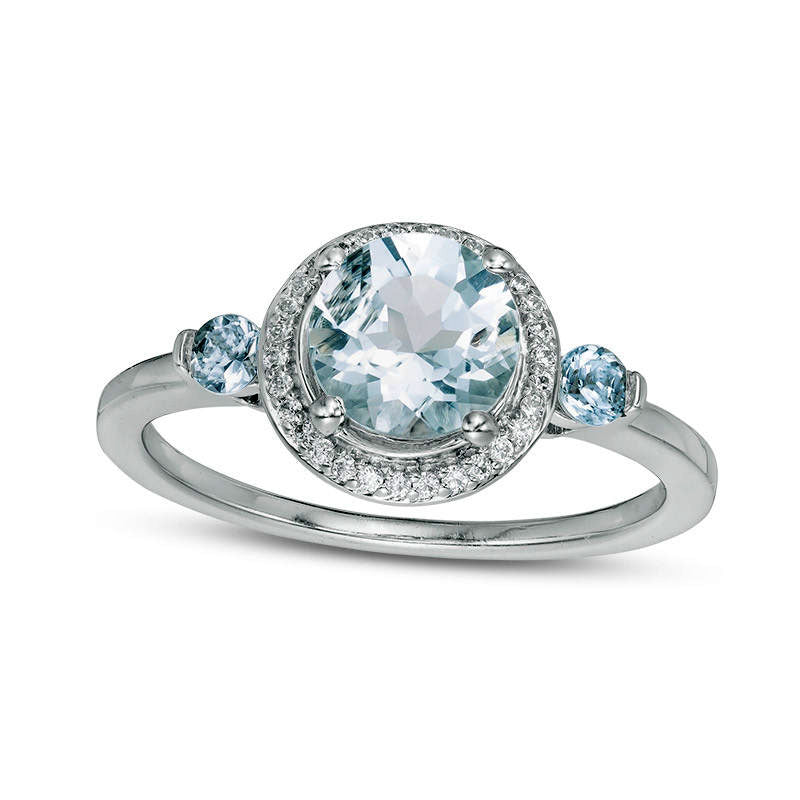 Image of ID 1 Aquamarine and 017 CT TW Natural Diamond Frame Three Stone Ring in Sterling Silver