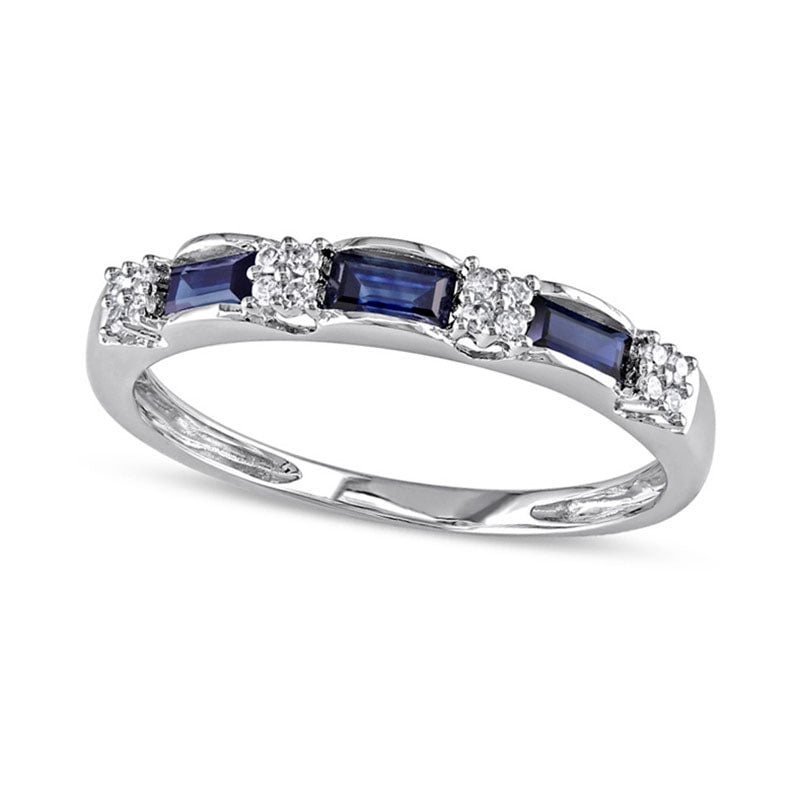 Image of ID 1 Baguette Blue Sapphire and Natural Diamond Accent Three Stone Band in Solid 10K White Gold