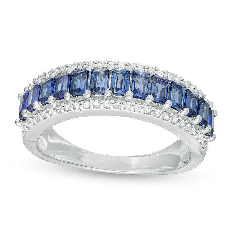 Image of ID 1 Baguette Ceylon Blue Lab-Created Sapphire and 020 CT TW Diamond Border Triple Row Ring in Solid 10K White Gold