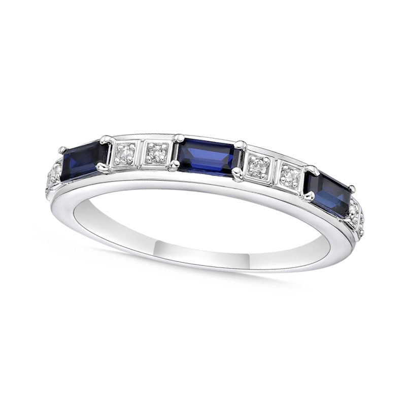 Image of ID 1 Baguette Lab-Created Blue and White Sapphire Duo Alternating Three Stone Band in Sterling Silver