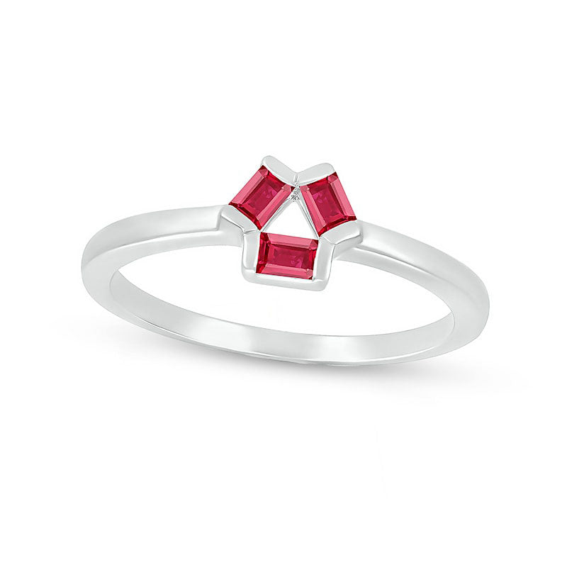 Image of ID 1 Baguette Lab-Created Ruby Three Stone Open Triangle Geometric Ring in Sterling Silver