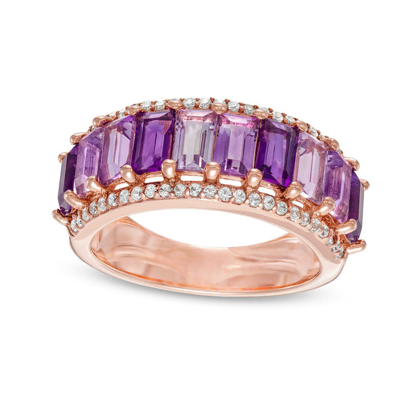 Image of ID 1 Baguette Purple Amethyst Pink Quartz and White Lab-Created Sapphire Border Ring in Solid 18K Rose Gold Over Silver