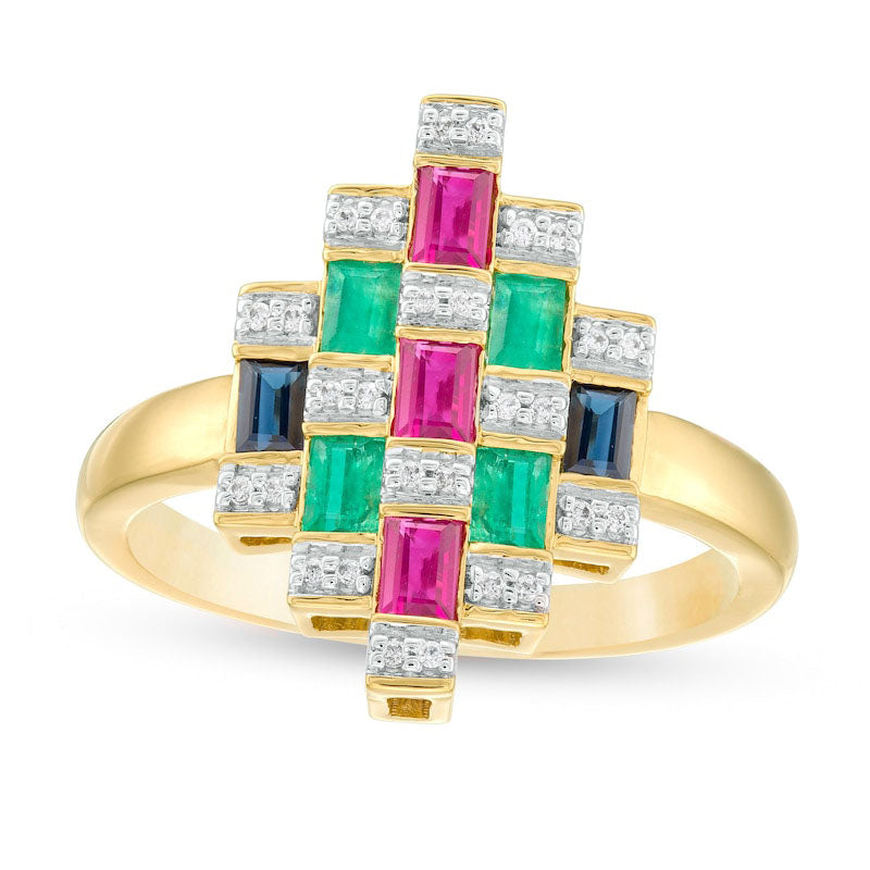 Image of ID 1 Baguette Ruby Emerald Blue Sapphire and 007 CT TW Natural Diamond Geometric Ring in Solid 10K Yellow Gold