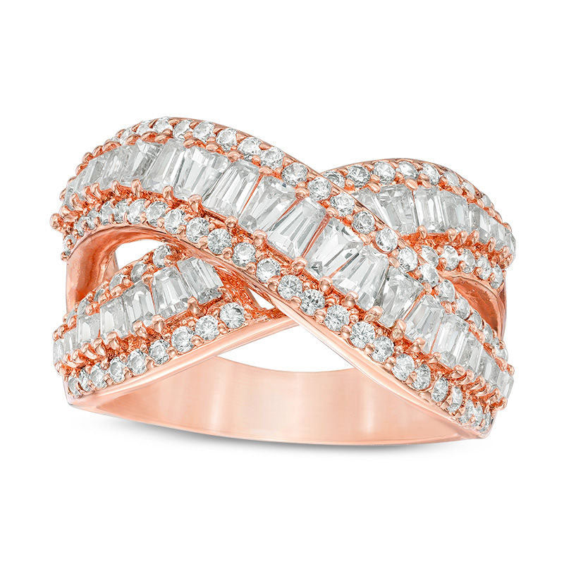 Image of ID 1 Baguette and Round Lab-Created White Sapphire Crossover Ring in Sterling Silver with Solid 18K Rose Gold Plate