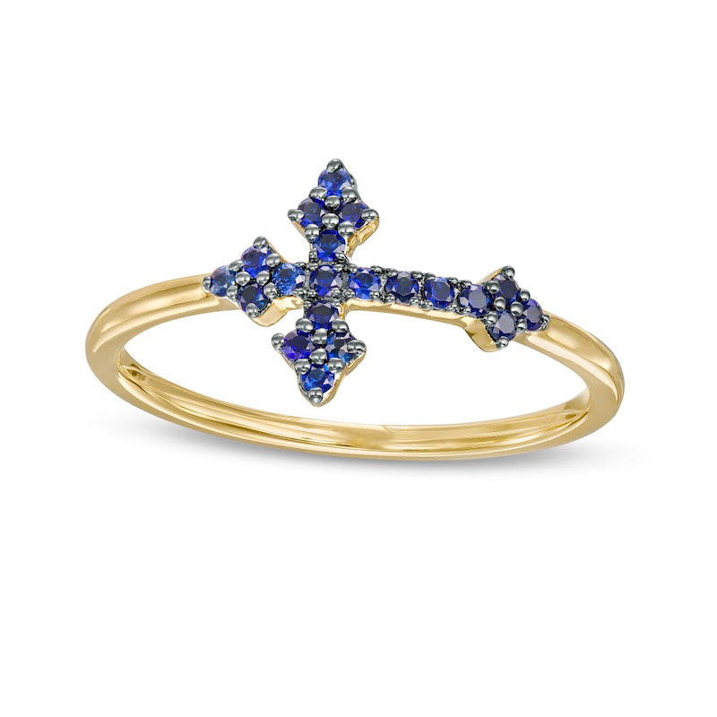 Image of ID 1 Blue Sapphire Sideways Gothic-Style Cross Ring in Solid 10K Yellow Gold