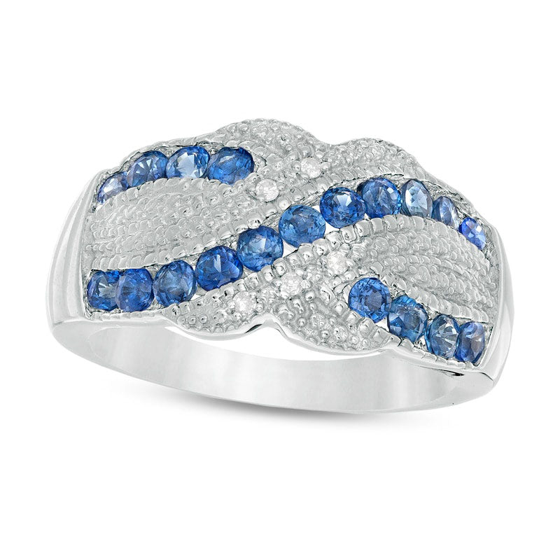 Image of ID 1 Blue Sapphire and 005 CT TW Natural Diamond Beaded Border Crossover Ring in Sterling Silver