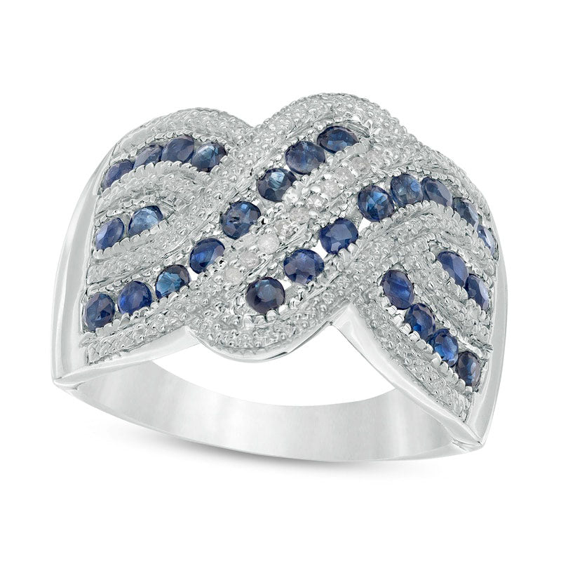 Image of ID 1 Blue Sapphire and 010 CT TW Natural Diamond Beaded Border Multi-Row Crossover Ring in Sterling Silver