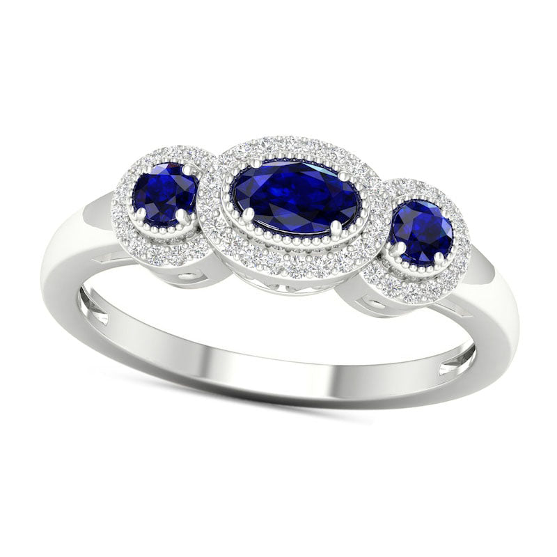 Image of ID 1 Blue Sapphire and 013 CT TW Natural Diamond Frame Three Stone Antique Vintage-Style Ring in Solid 10K White Gold