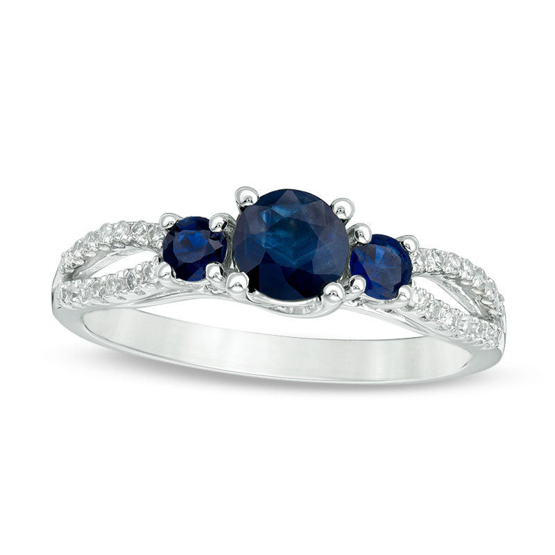 Image of ID 1 Blue Sapphire and 013 CT TW Natural Diamond Three Stone Split Shank Ring in Solid 10K White Gold