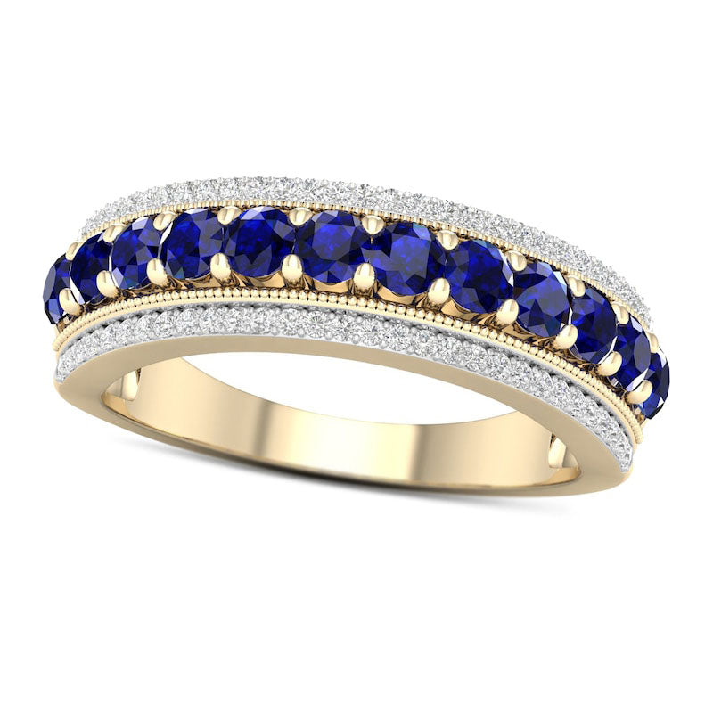 Image of ID 1 Blue Sapphire and 017 CT TW Natural Diamond Border Triple Row Antique Vintage-Style Ring in Solid 10K Yellow Gold