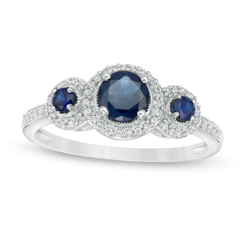 Image of ID 1 Blue Sapphire and 017 CT TW Natural Diamond Frame Three Stone Ring in Solid 10K White Gold