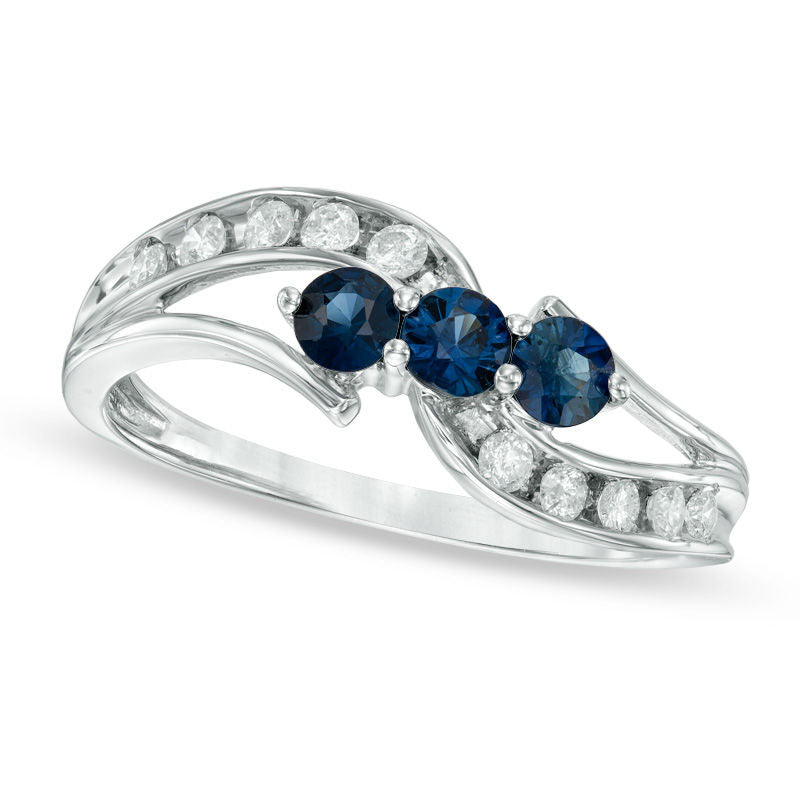 Image of ID 1 Blue Sapphire and 020 CT TW Natural Diamond Three Stone Bypass Ring in Solid 10K White Gold