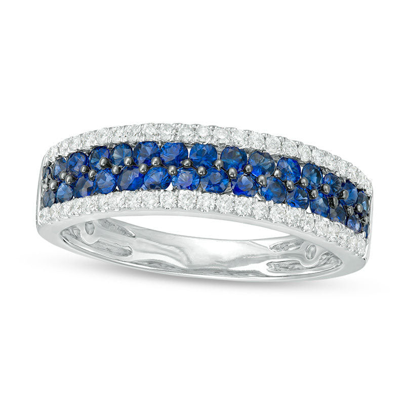 Image of ID 1 Blue Sapphire and 025 CT TW Natural Diamond Border Multi-Row Ring in Solid 14K White Gold