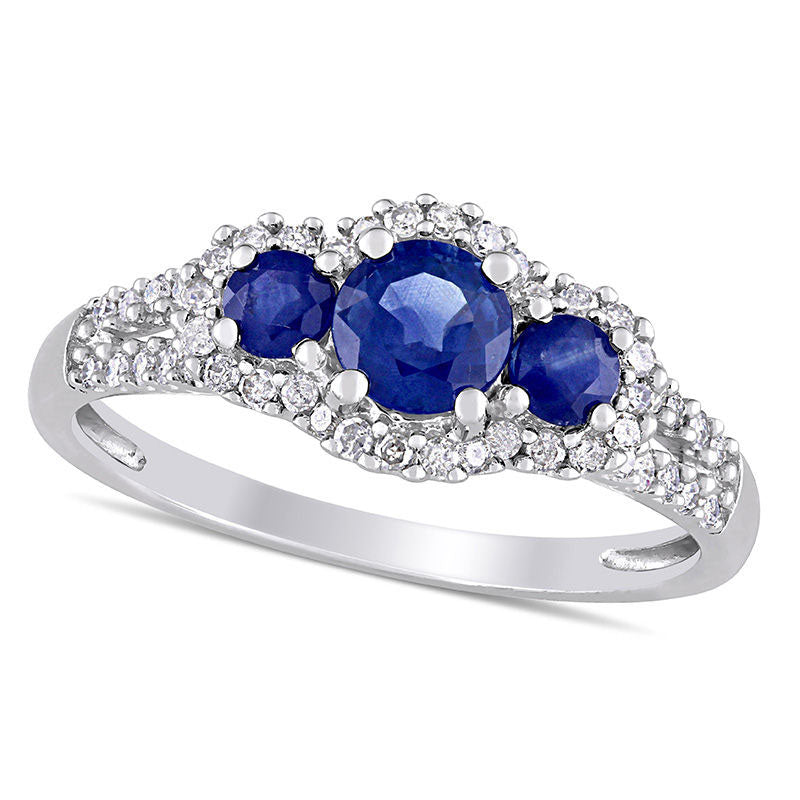 Image of ID 1 Blue Sapphire and 025 CT TW Natural Diamond Frame Three Stone Split Shank Ring in Solid 10K White Gold