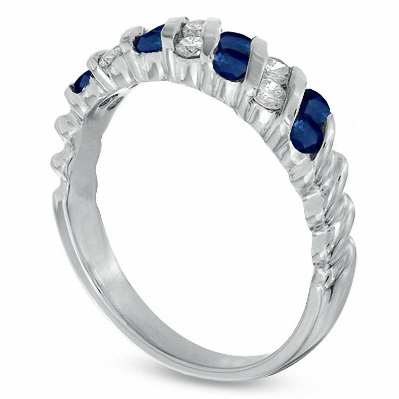 Image of ID 1 Blue Sapphire and 025 CT TW Natural Diamond Slant Band in Solid 14K White Gold