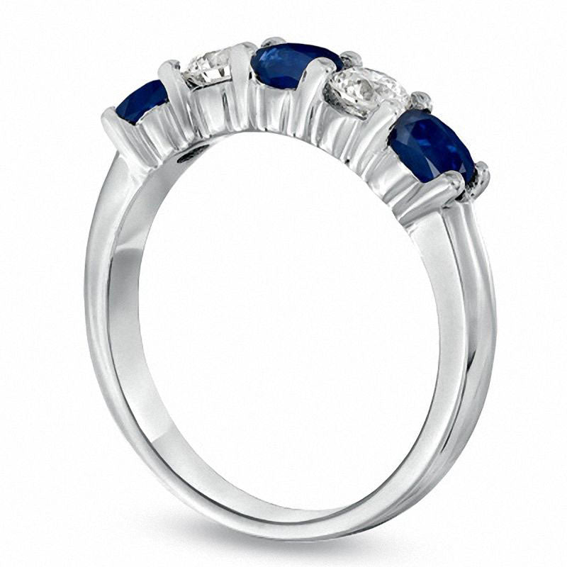 Image of ID 1 Blue Sapphire and 038 CT TW Natural Diamond Five Stone Band in Solid 14K White Gold