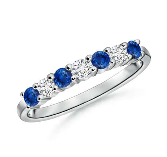 Image of ID 1 Blue Sapphire and 1/4 CT TW Diamond Half-Eternity Wedding Band Ring in 14K White Gold