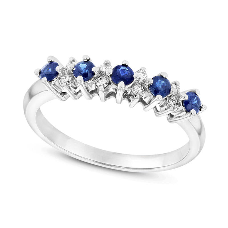 Image of ID 1 Blue Sapphire and Natural Diamond Accent Alternating Five Stone Band in Solid 14K White Gold