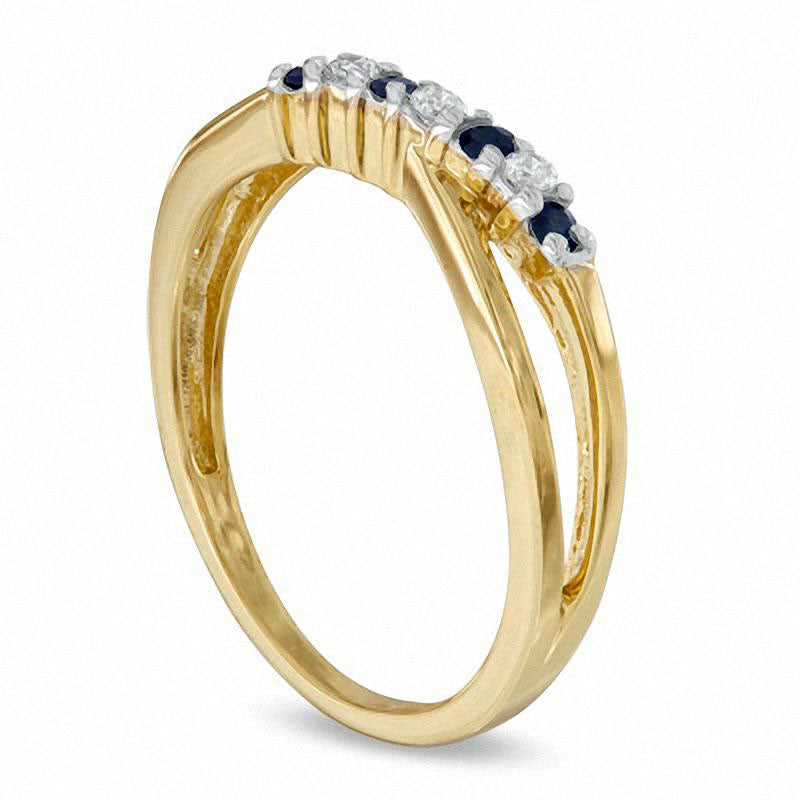 Image of ID 1 Blue Sapphire and Natural Diamond Accent Cross-Over Ring in Solid 10K Yellow Gold