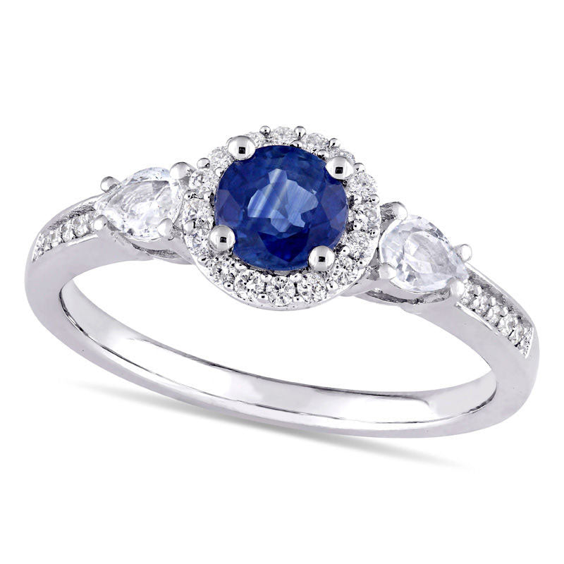 Image of ID 1 Blue and White Sapphire and 013 CT TW Natural Diamond Frame Three Stone Engagement Ring in Solid 14K White Gold