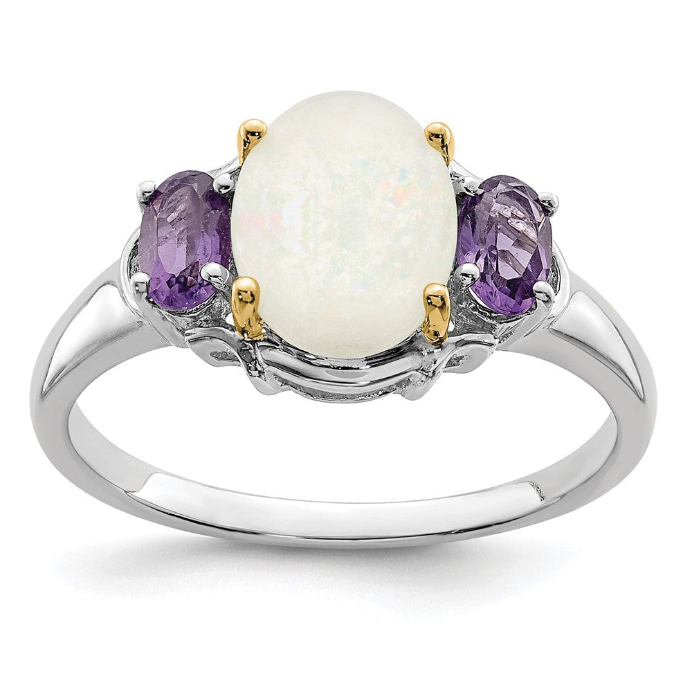 Image of ID 1 Brilliant Gemstones Sterling Silver with 14K Accent Rhodium-plated Opal and Amethyst Ring
