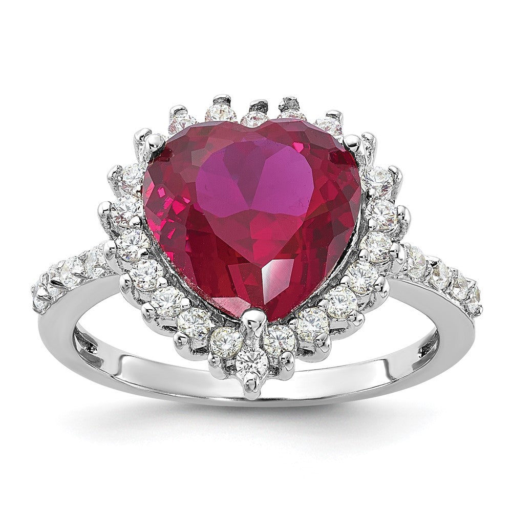 Image of ID 1 Cheryl M Sterling Silver Rhodium-plated 100 Facet Lab Created Ruby and Brilliant-cut White CZ Heart Halo Ring