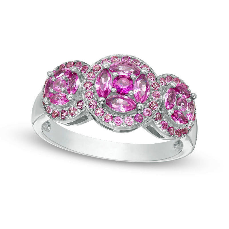 Image of ID 1 Composite Lab-Created Pink Sapphire Frame Three Stone Ring in Sterling Silver