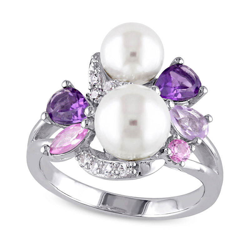 Image of ID 1 Cultured Freshwater Pearl Amethyst and Lab-Created Pink and White Sapphire Cluster Ring in Sterling Silver
