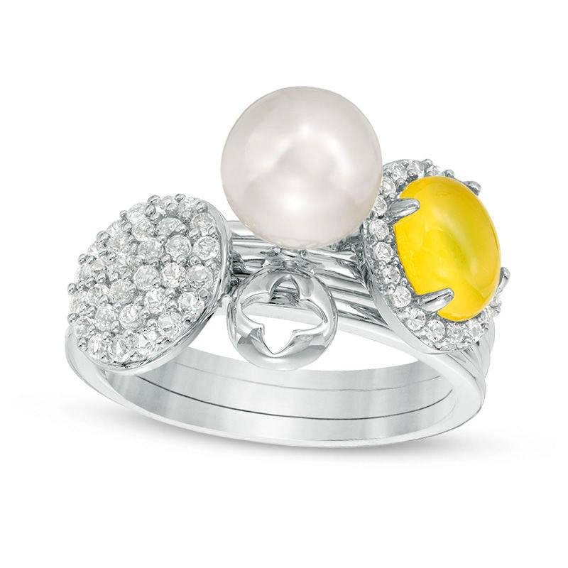 Image of ID 1 Cultured Freshwater Pearl Dyed Lemon Quartz and White Topaz Three Piece Stackable Ring Set in Sterling Silver
