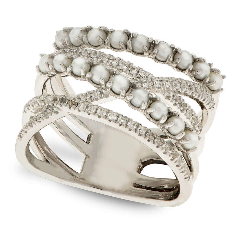Image of ID 1 Cultured Freshwater Pearl and White Topaz Crossover Ring in Sterling Silver