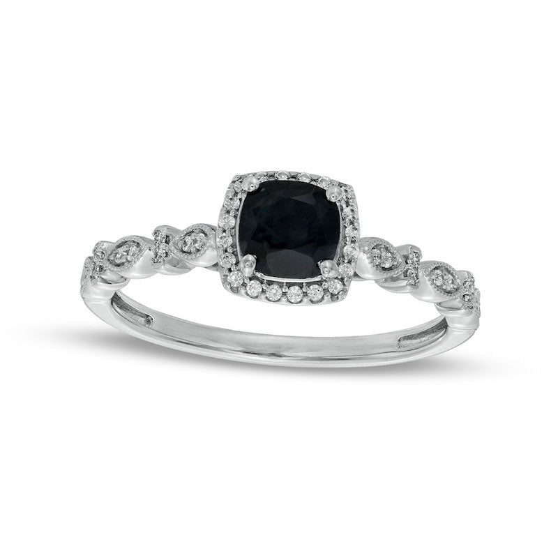 Image of ID 1 Cushion-Cut 5mm Black Sapphire and 010 CT TW Natural Diamond Frame Art Deco Antique Vintage-Style Engagement Ring in Solid 10K White Gold