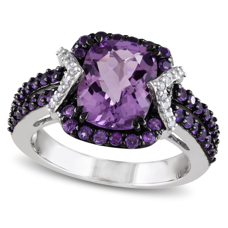 Image of ID 1 Cushion-Cut Amethyst and 017 CT TW Natural Diamond Ring in Sterling Silver with Black Rhodium