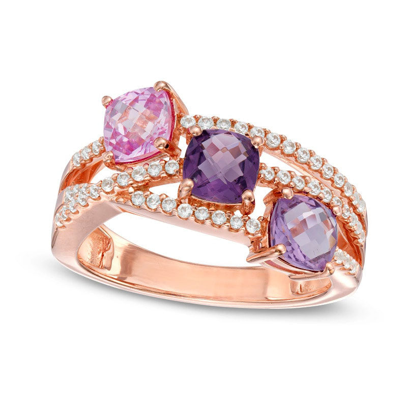 Image of ID 1 Cushion-Cut Amethyst and Lab-Created Pink and White Sapphire Ring in Sterling Silver with Solid 14K Rose Gold Plate