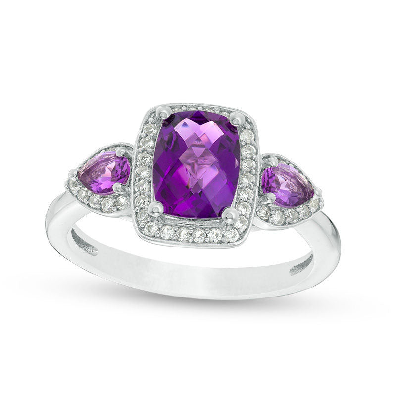 Image of ID 1 Cushion-Cut Amethyst and Lab-Created White Sapphire Three Stone Frame Ring in Sterling Silver