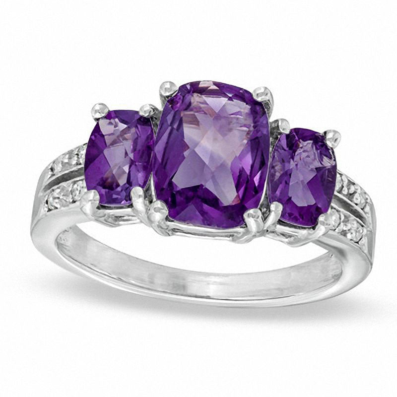 Image of ID 1 Cushion-Cut Amethyst and Natural Diamond Accent Ring in Solid 10K White Gold