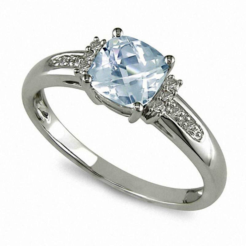 Image of ID 1 Cushion-Cut Aquamarine and Natural Diamond Engagement Ring in Solid 10K White Gold