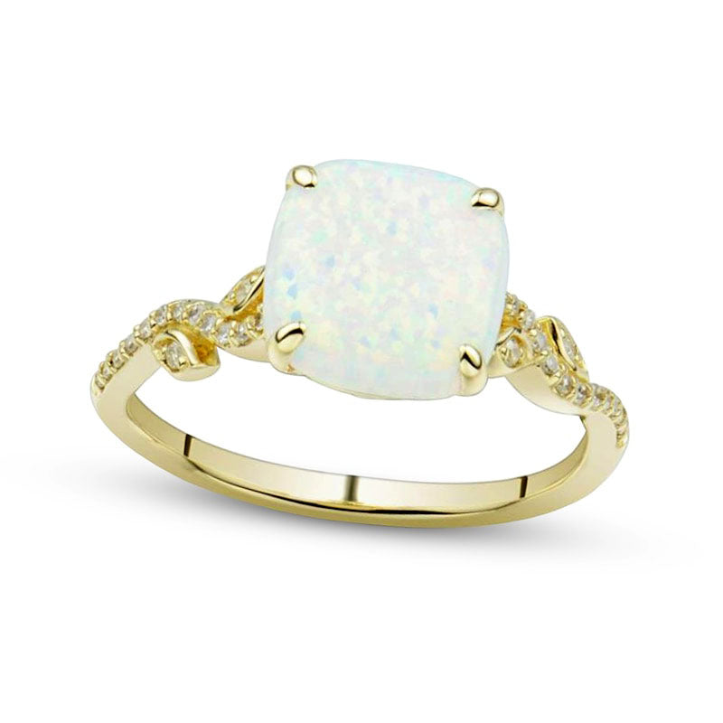 Image of ID 1 Cushion-Cut Cabochon Lab-Created Opal and 010 CT TW Diamond Leaf-Sides Bypass Vine Shank Ring in Solid 10K Yellow Gold - Size 7