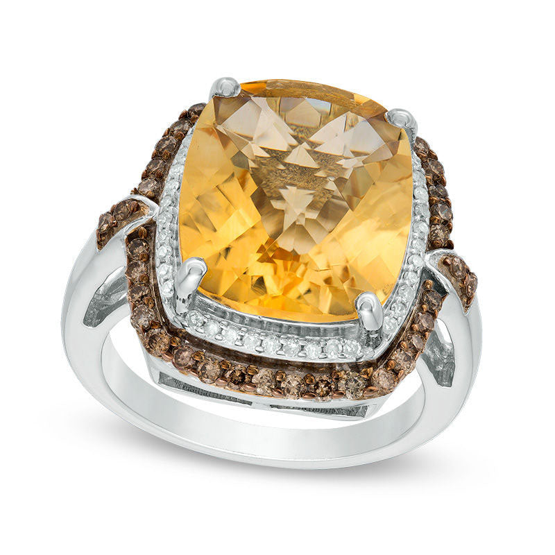 Image of ID 1 Cushion-Cut Citrine and 050 CT TW Champagne and White Natural Diamond Double Frame Ring in Sterling Silver