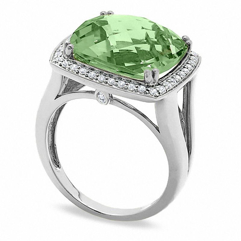 Image of ID 1 Cushion-Cut Green Quartz Ring in Sterling Silver with Natural Diamond Accents