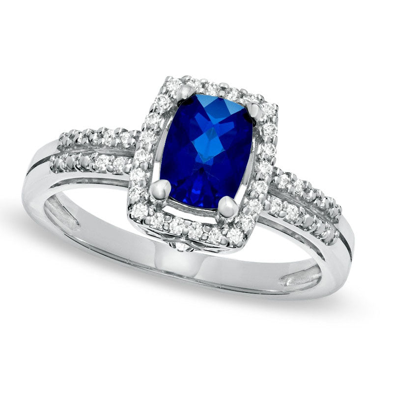 Image of ID 1 Cushion-Cut Lab-Created Blue and White Sapphire Frame Ring in Sterling Silver