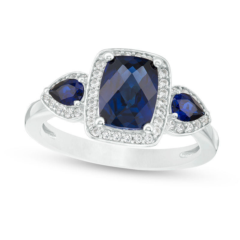 Image of ID 1 Cushion-Cut Lab-Created Blue and White Sapphire Three Stone Frame Ring in Sterling Silver