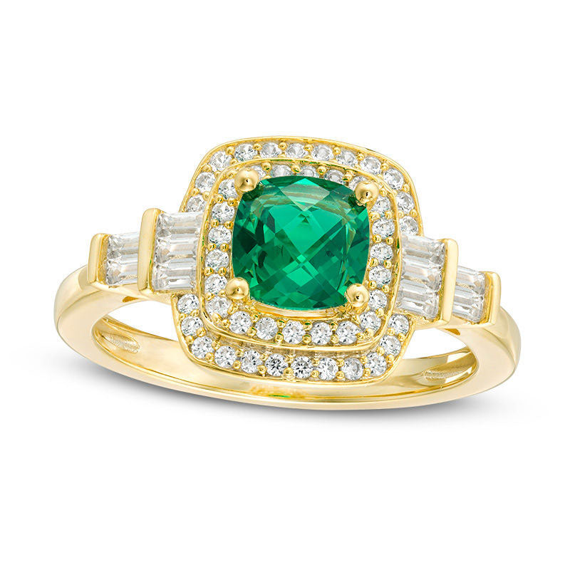 Image of ID 1 Cushion-Cut Lab-Created Emerald and White Sapphire Double Frame Art Deco Ring in Sterling Silver with Solid 14K Gold Plate