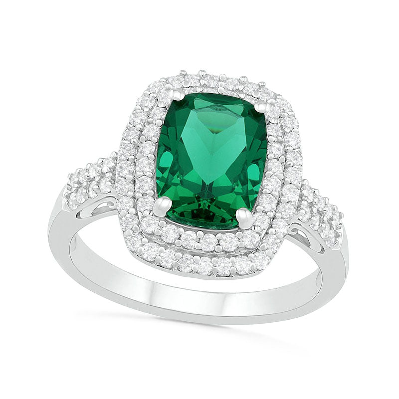 Image of ID 1 Cushion-Cut Lab-Created Emerald and White Sapphire Double Frame Two Row Ring in Sterling Silver