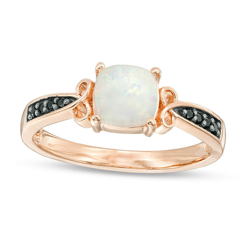 Image of ID 1 Cushion-Cut Lab-Created Opal and 005 CT TW Enhanced Black Diamond Criss-Cross Loop Promise Ring in Solid 10K Rose Gold
