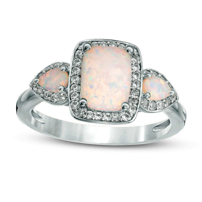 Image of ID 1 Cushion-Cut Lab-Created Opal and White Sapphire Three Stone Frame Ring in Sterling Silver